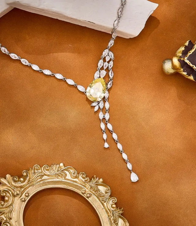 Silver Yellow Marquise-Cut Stone Setting Dangling Tassel Design Necklace 4