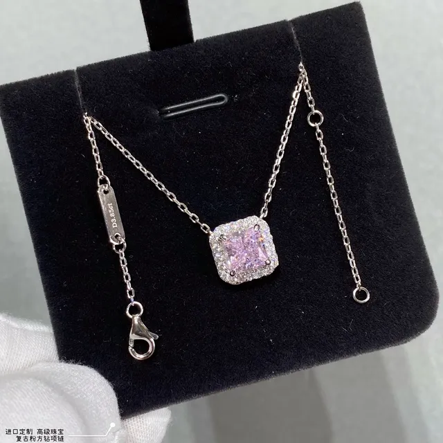 Square-Cut Pink Gemstone Halo Pendant Necklace 4