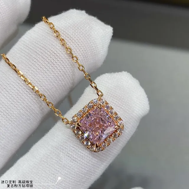 Square-Cut Pink Gemstone Halo Pendant Necklace 7