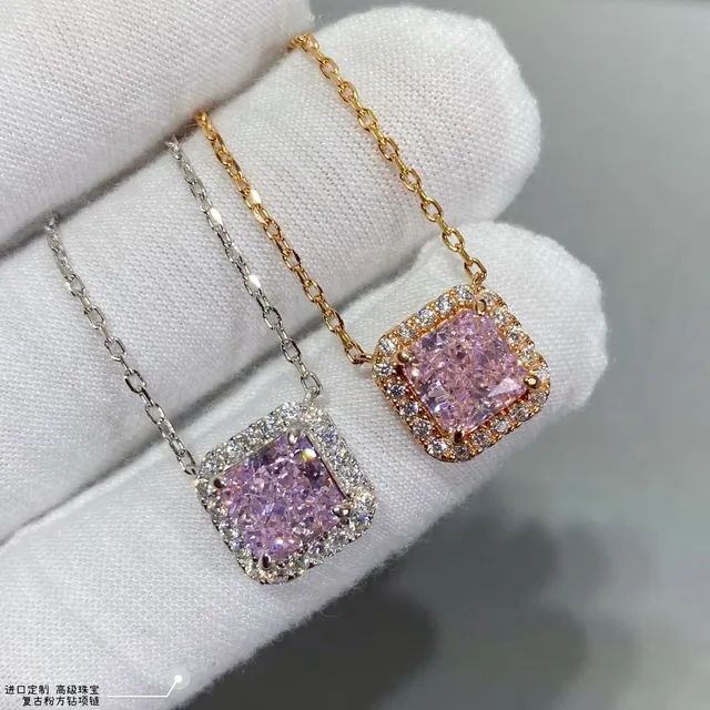 Square-Cut Pink Gemstone Halo Pendant Necklace 8
