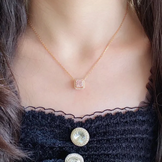 Square-Cut Pink Gemstone Halo Pendant Necklace 9
