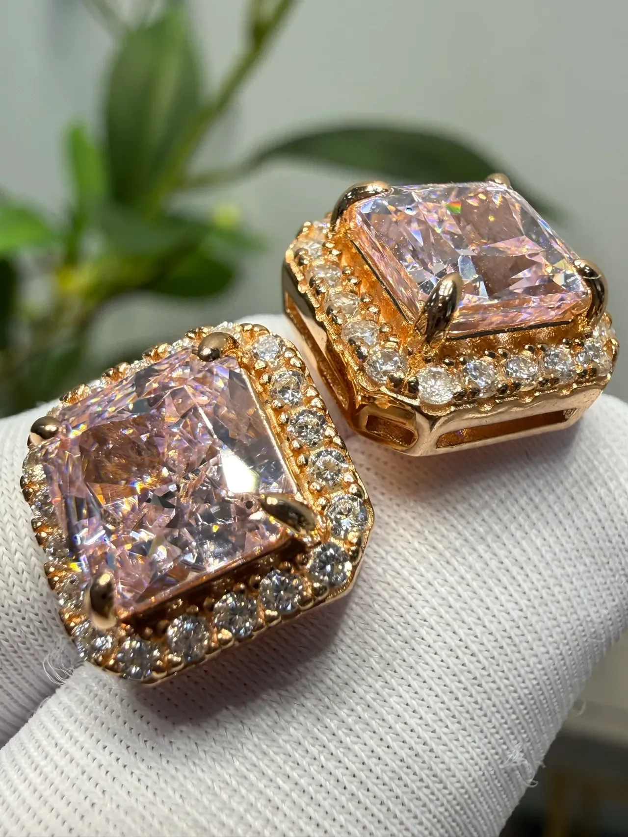 Square-Cut Pink Purple Halo Stud Earrings 6