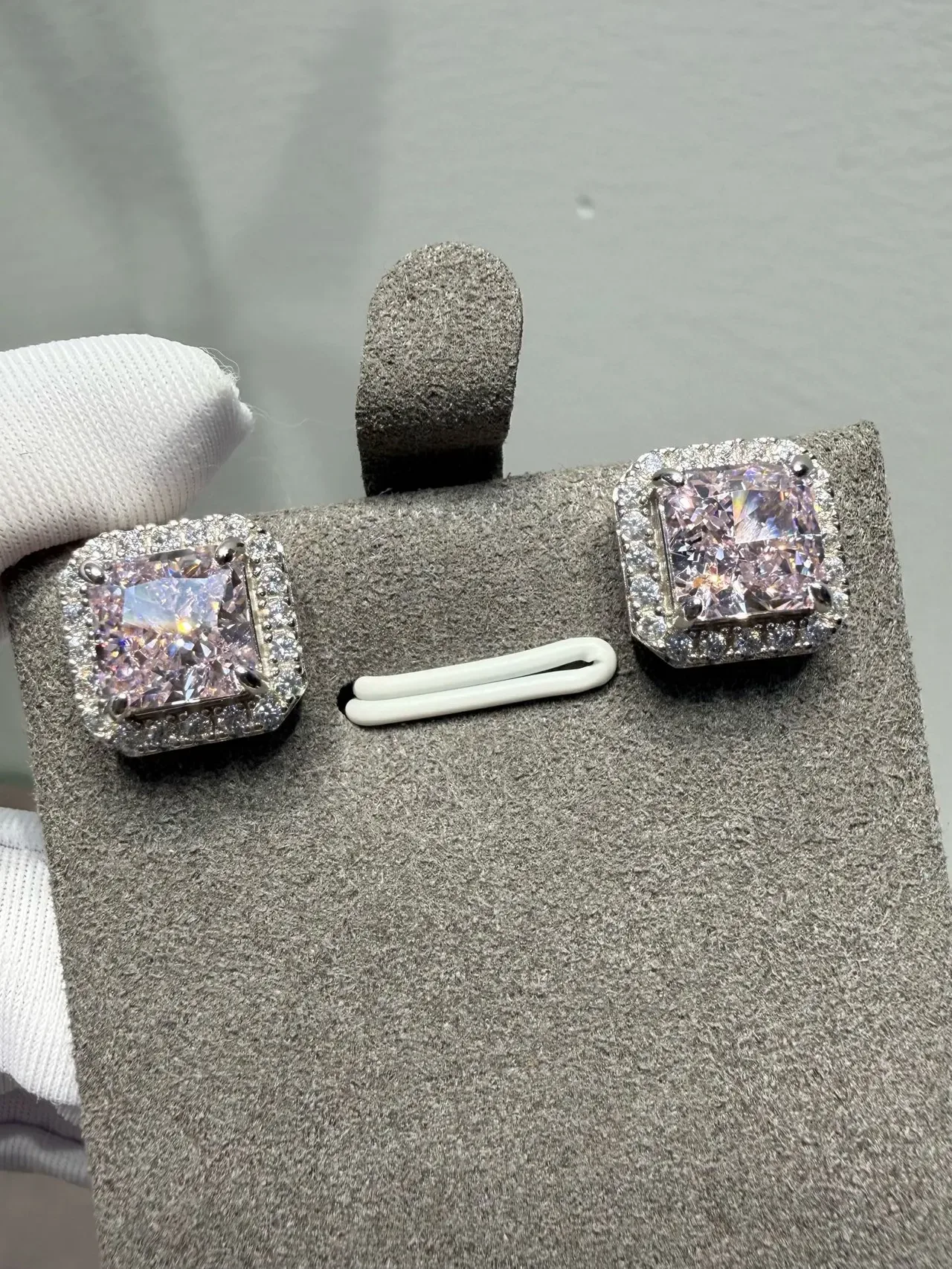 Square-Cut Pink Purple Halo Stud Earrings 8