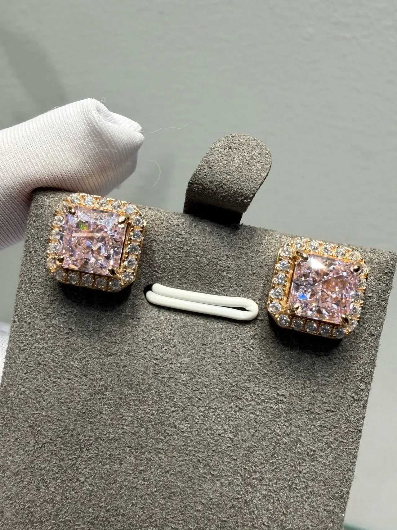 Square-Cut Pink Purple Halo Stud Earrings 9