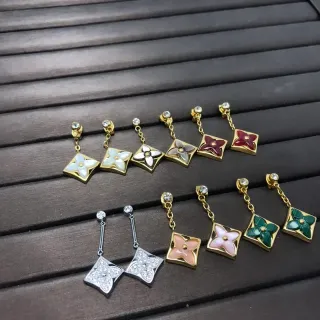 Square Floral Motif Enamel Inlay Chain-Dangle Earrings