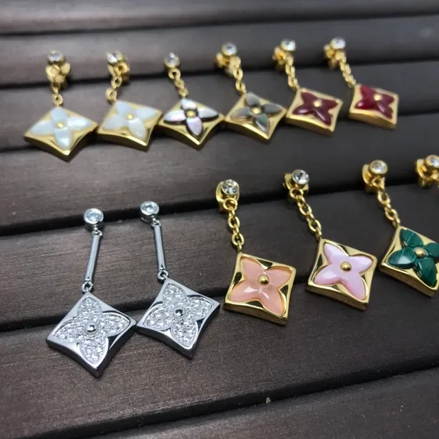 Square Floral Motif Enamel Inlay Chain-Dangle Earrings 2