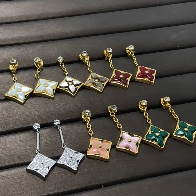 Square Floral Motif Enamel Inlay Chain-Dangle Earrings 3