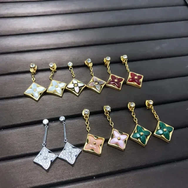 Square Floral Motif Enamel Inlay Chain-Dangle Earrings 4