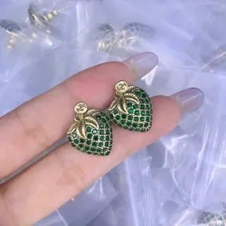 Strawberry-Shaped Pave Green Rhinestone Gold-Tone Stud Earrings
