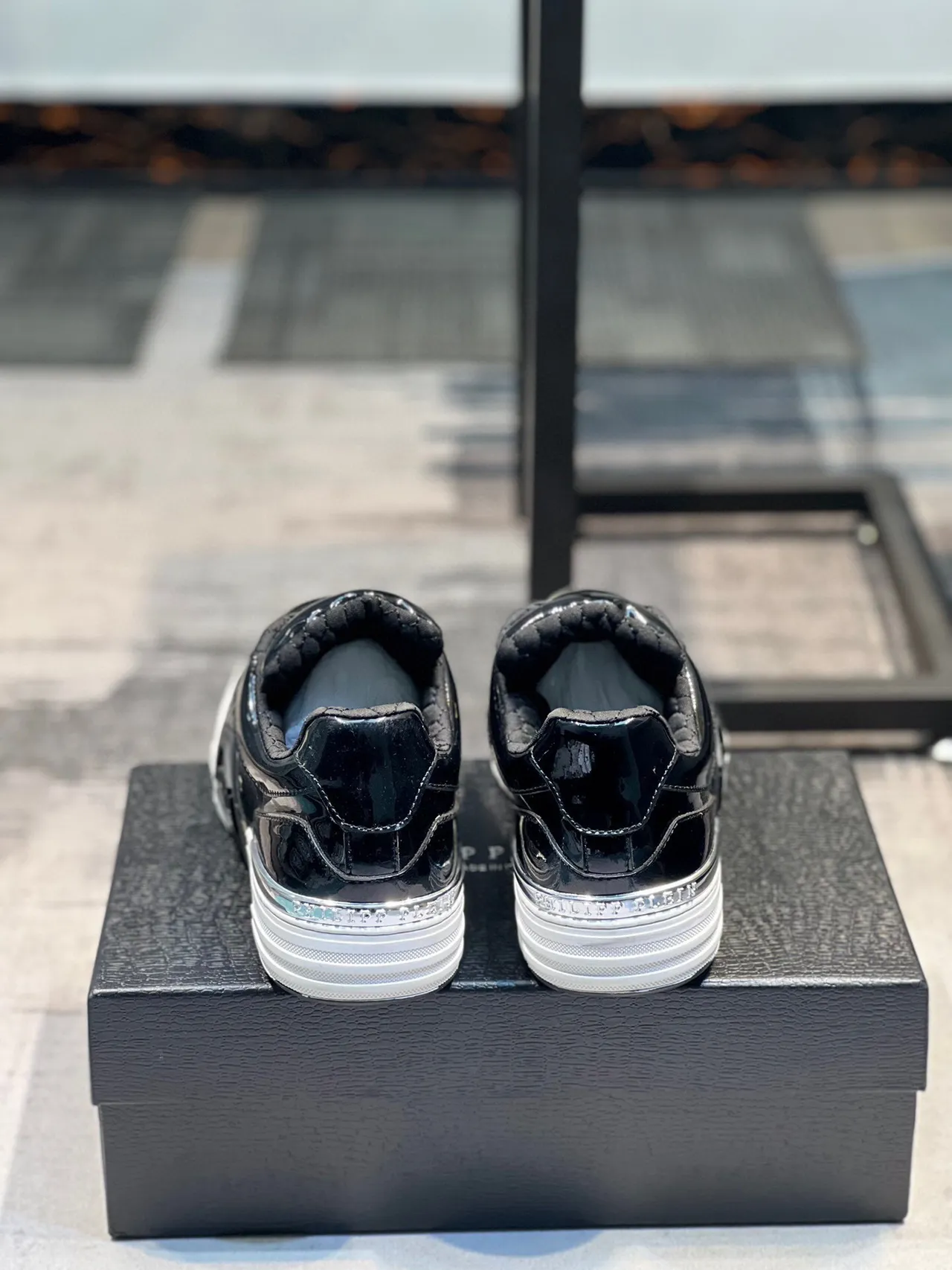 Super Street Glossy Black and White Lifestyle Sneakers 2