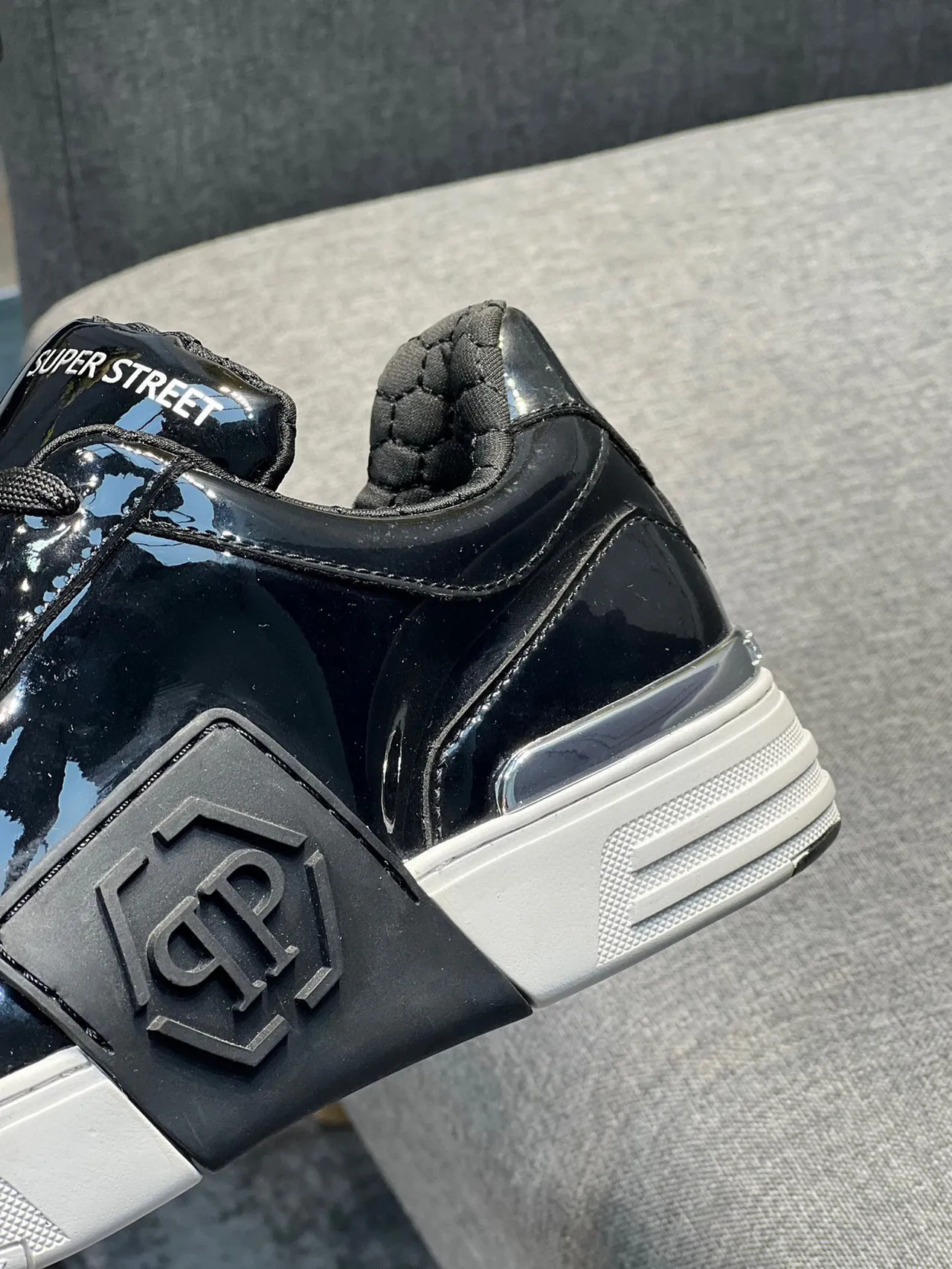 Super Street Glossy Black and White Lifestyle Sneakers 5