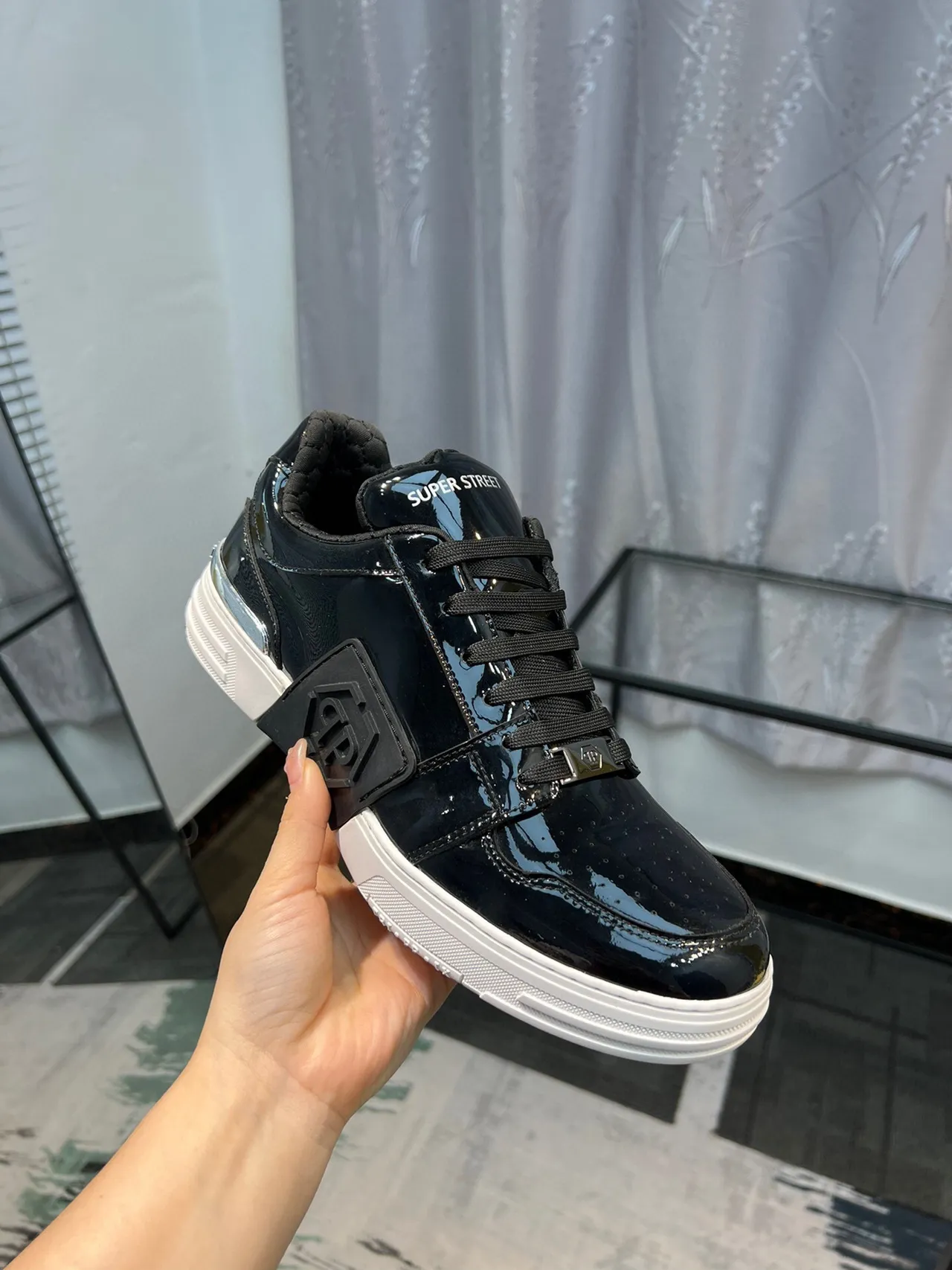 Super Street Glossy Black and White Lifestyle Sneakers 6