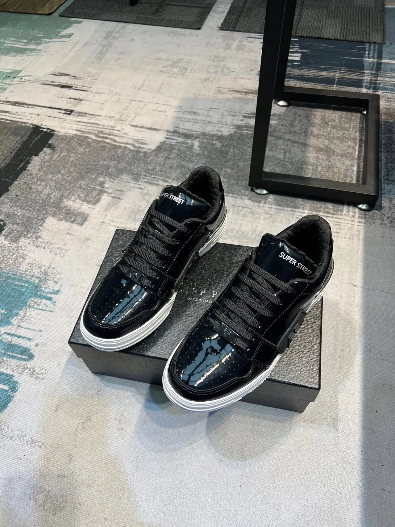 Super Street Glossy Black and White Lifestyle Sneakers 7