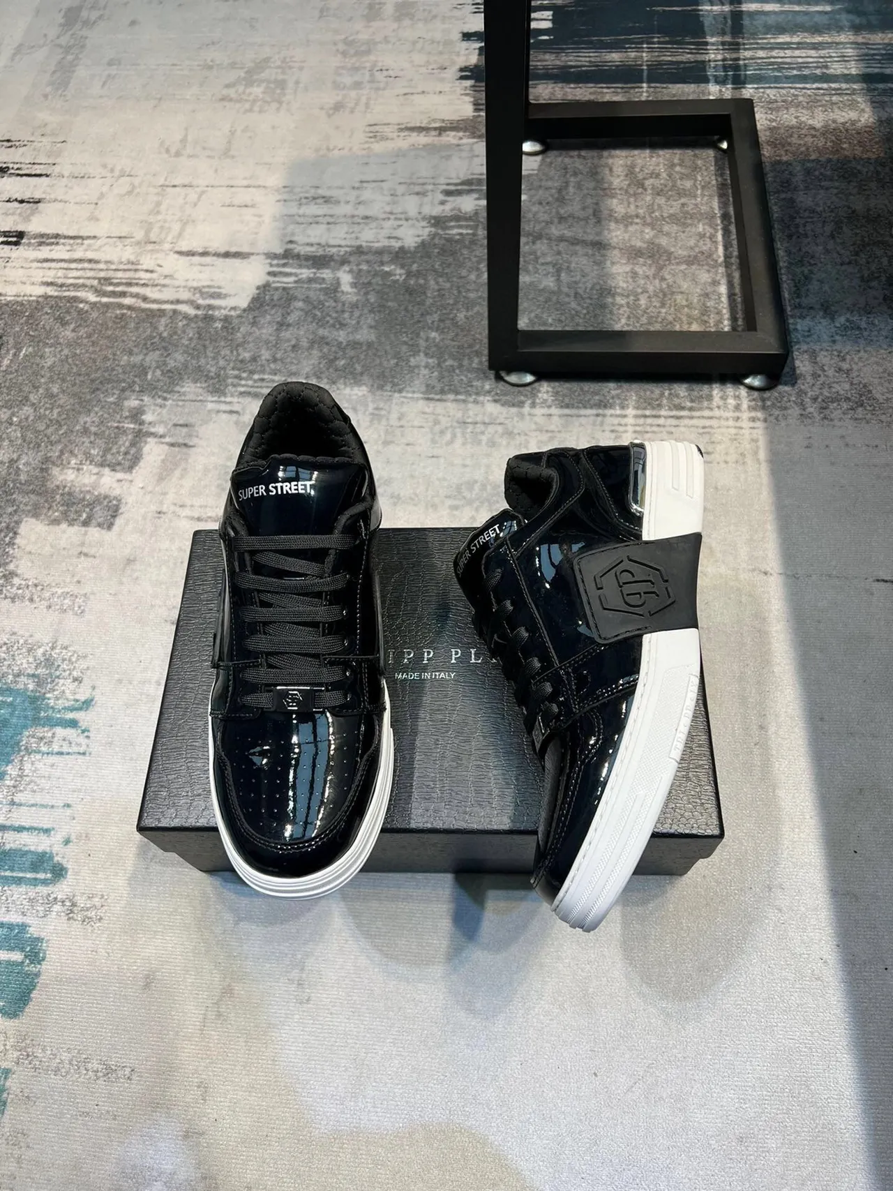 Super Street Glossy Black and White Lifestyle Sneakers 8