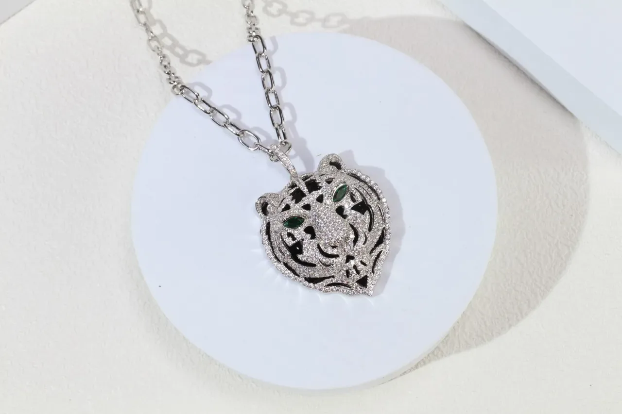 Tiger-Head Pavé Crystal and Green Gemstone Pendant Necklace 4