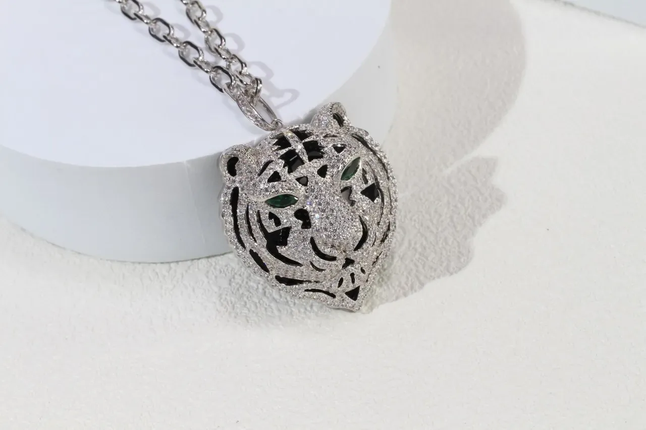 Tiger-Head Pavé Crystal and Green Gemstone Pendant Necklace 5