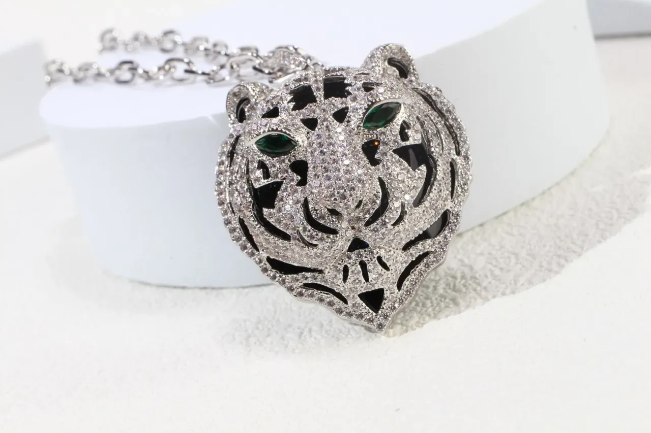 Tiger-Head Pavé Crystal and Green Gemstone Pendant Necklace 6