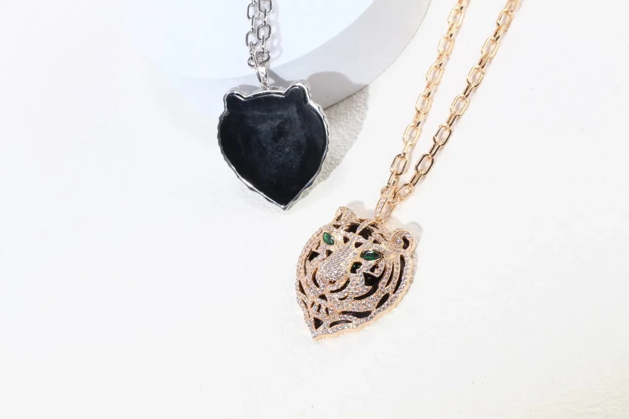 Tiger-Head Pavé Crystal and Green Gemstone Pendant Necklace 7