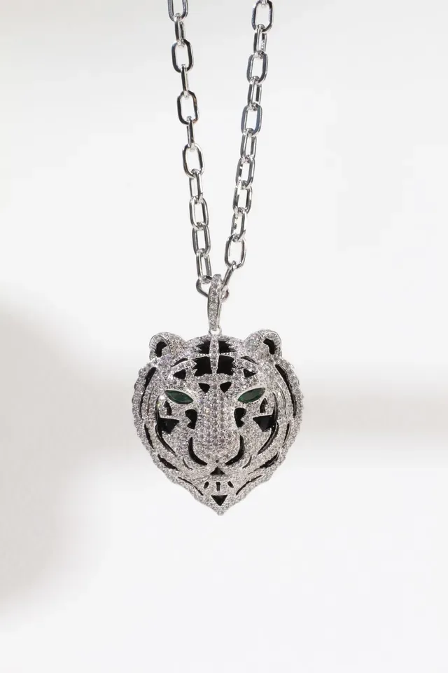 Tiger-Head Pavé Crystal and Green Gemstone Pendant Necklace 8