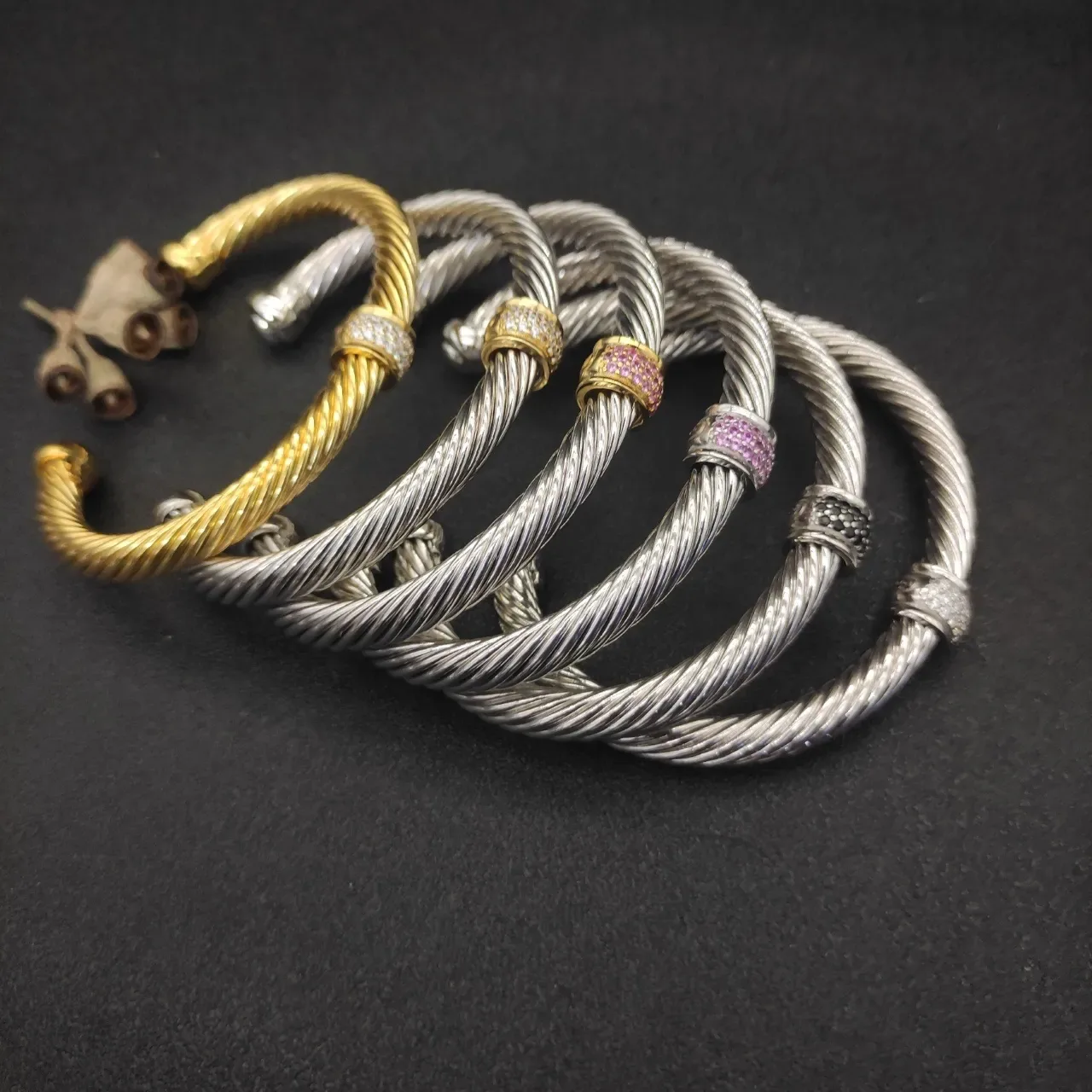 Twisted Cable Pavé Gem Station Open Bangle Bracelets 5