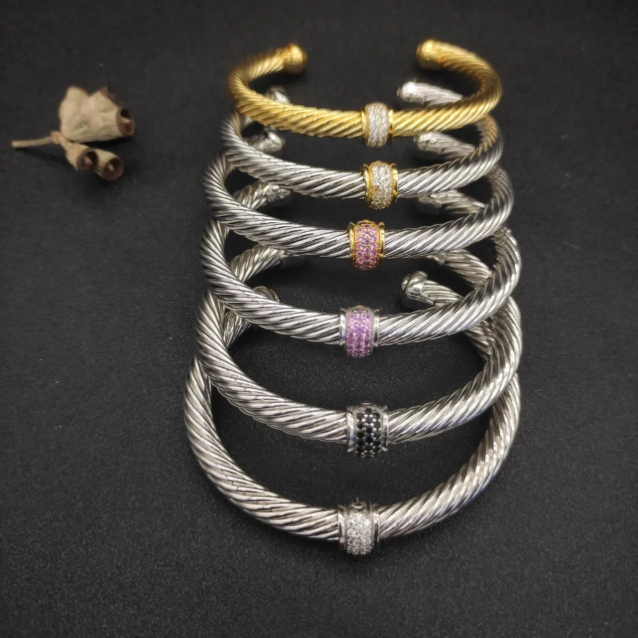 Twisted Cable Pavé Gem Station Open Bangle Bracelets 6