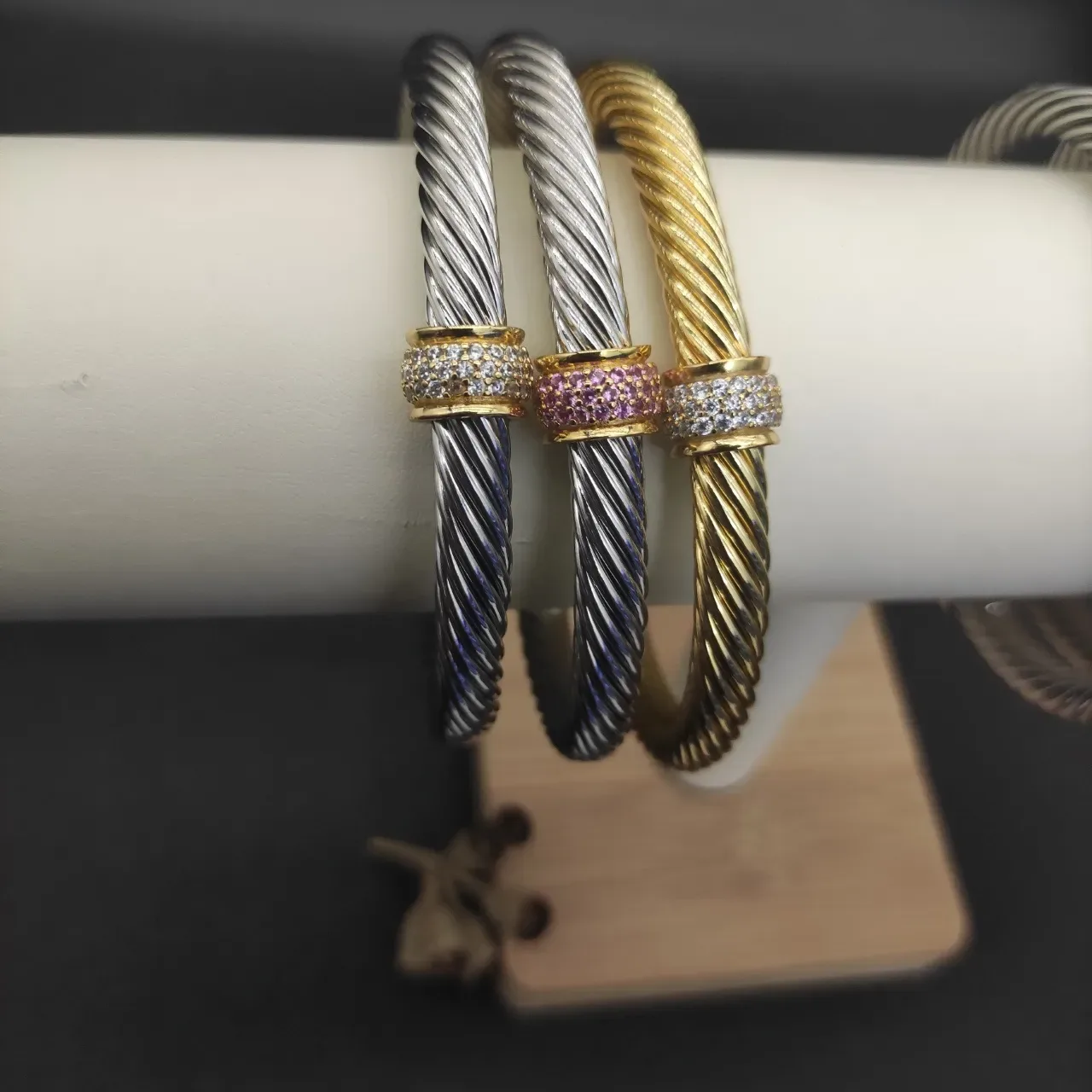 Twisted Cable Pavé Gem Station Open Bangle Bracelets 8