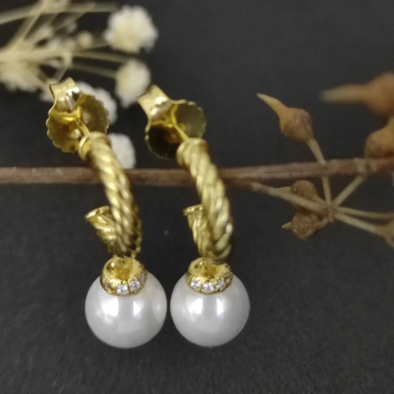 Twisted Rope Hoop Pearl Drop Earrings 6