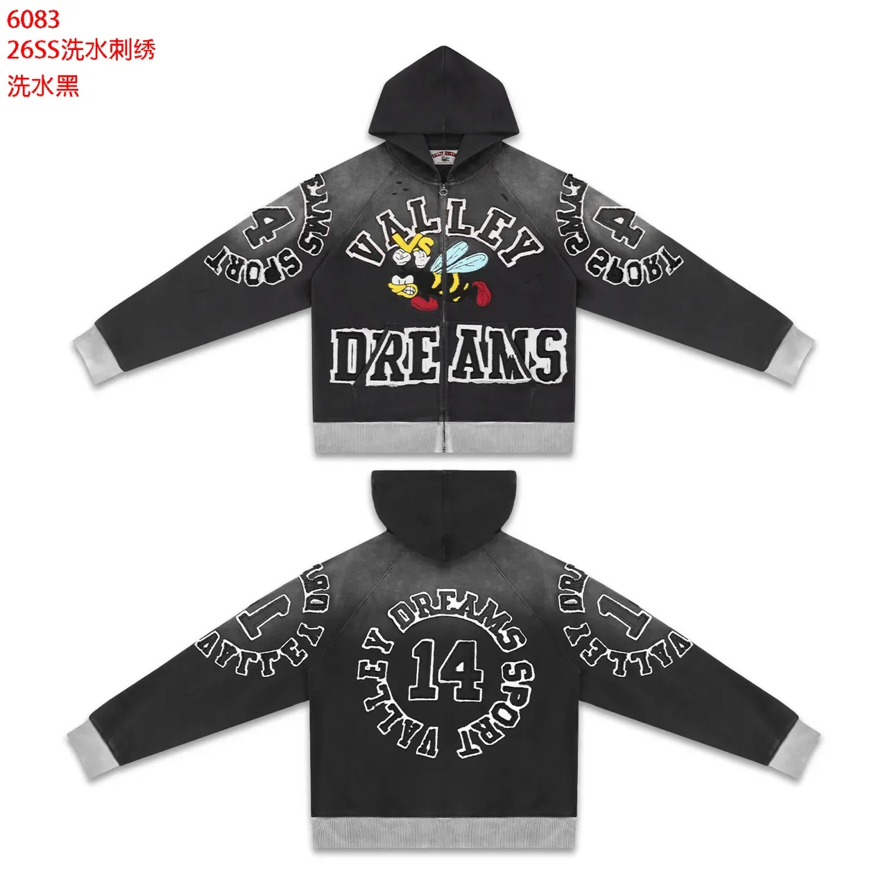 Washed Black Embroidered Graphic Full-Zip Hoodie 2