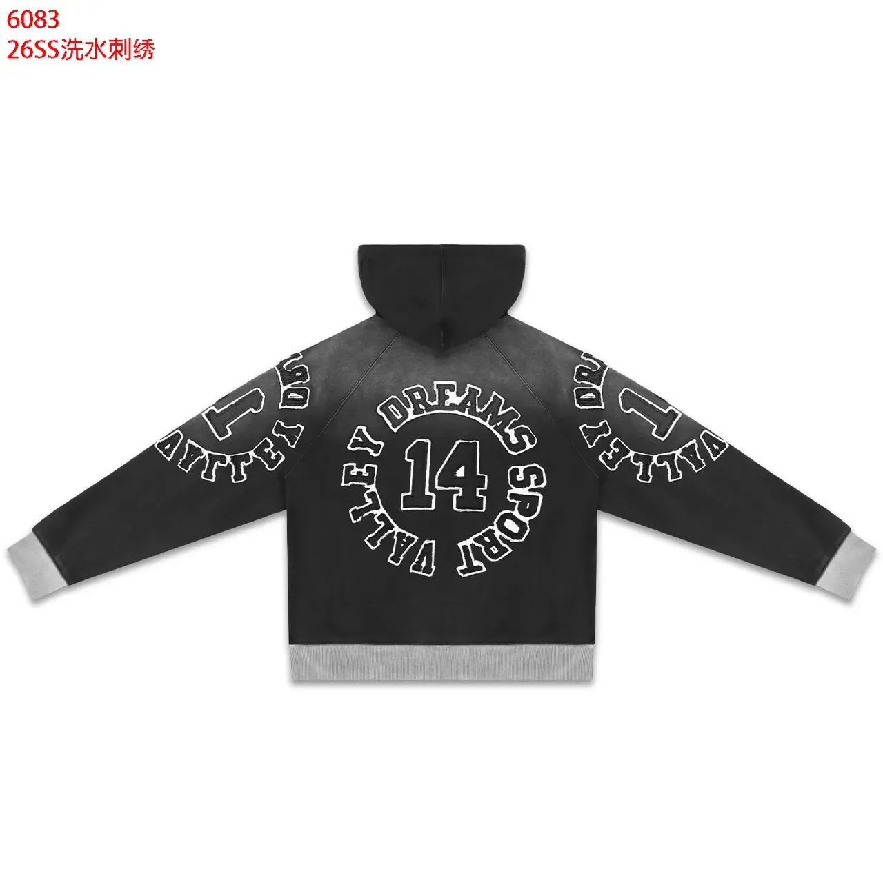 Washed Black Embroidered Graphic Full-Zip Hoodie 4