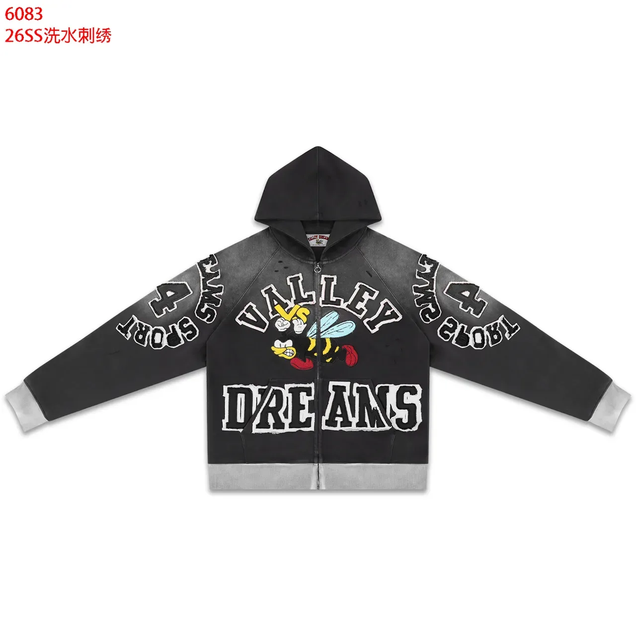 Washed Black Embroidered Graphic Full-Zip Hoodie 5