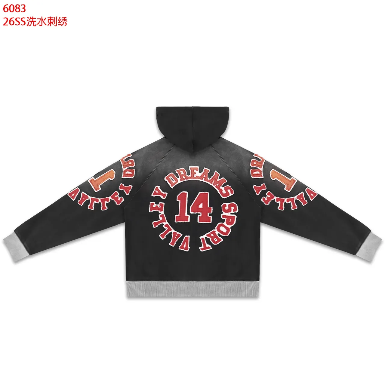 Washed Black Embroidered Graphic Full-Zip Hoodie 6