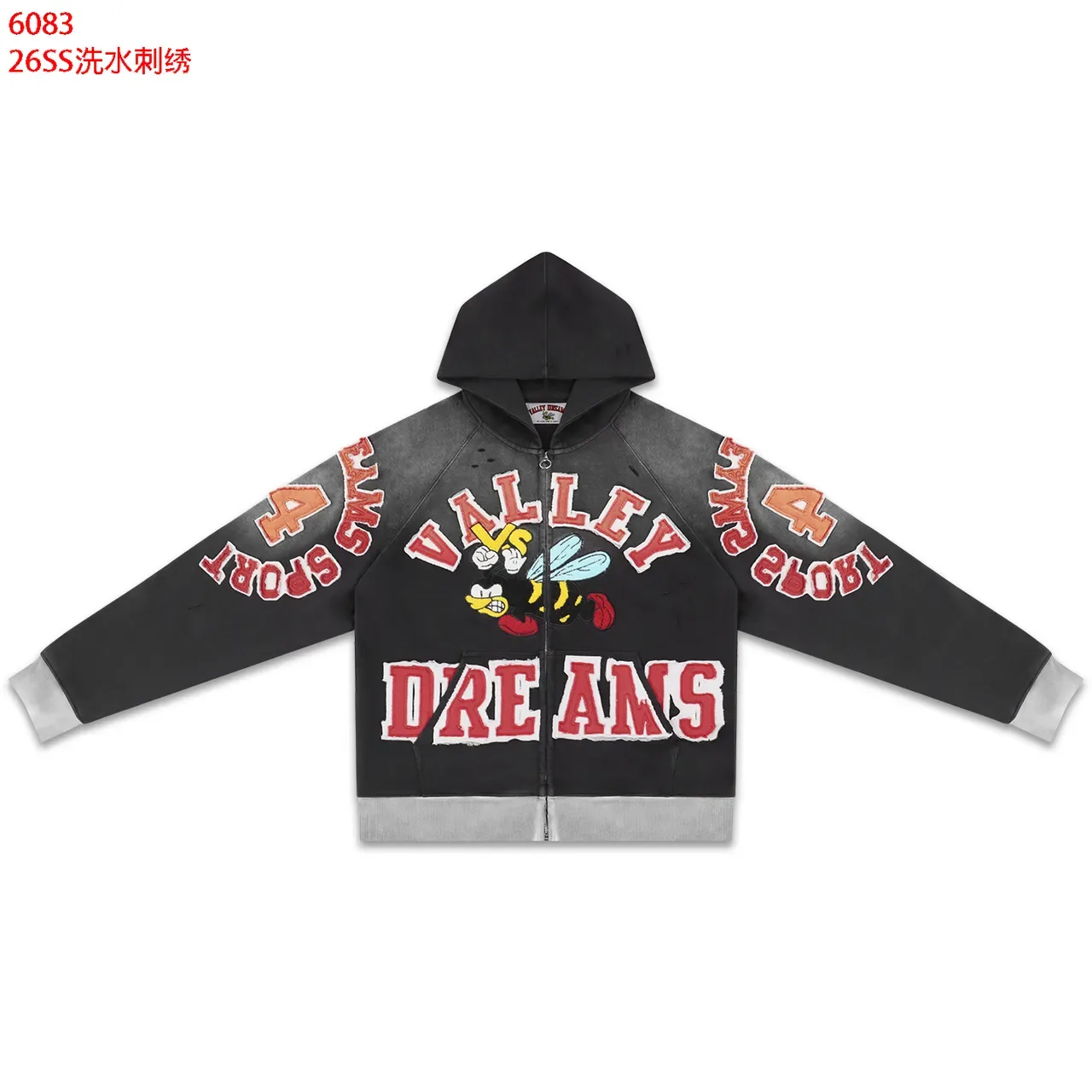 Washed Black Embroidered Graphic Full-Zip Hoodie 7