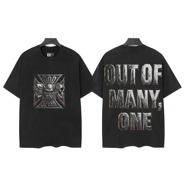 Washed Black Metallic Skull Cross Graphic T-Shirt 2