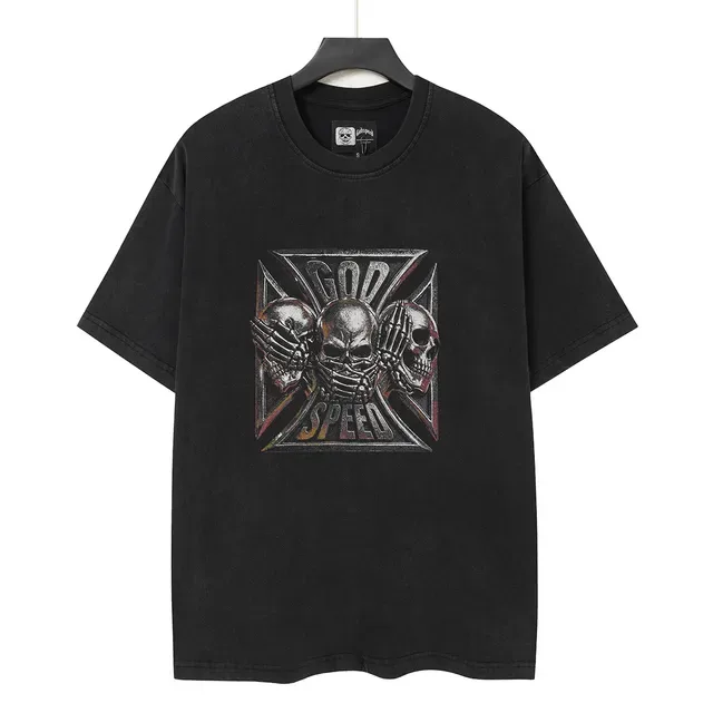 Washed Black Metallic Skull Cross Graphic T-Shirt 3
