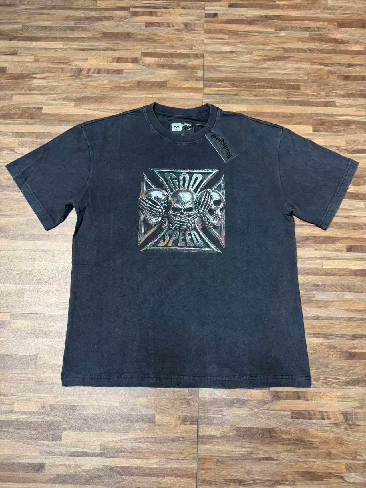Washed Black Metallic Skull Cross Graphic T-Shirt 5