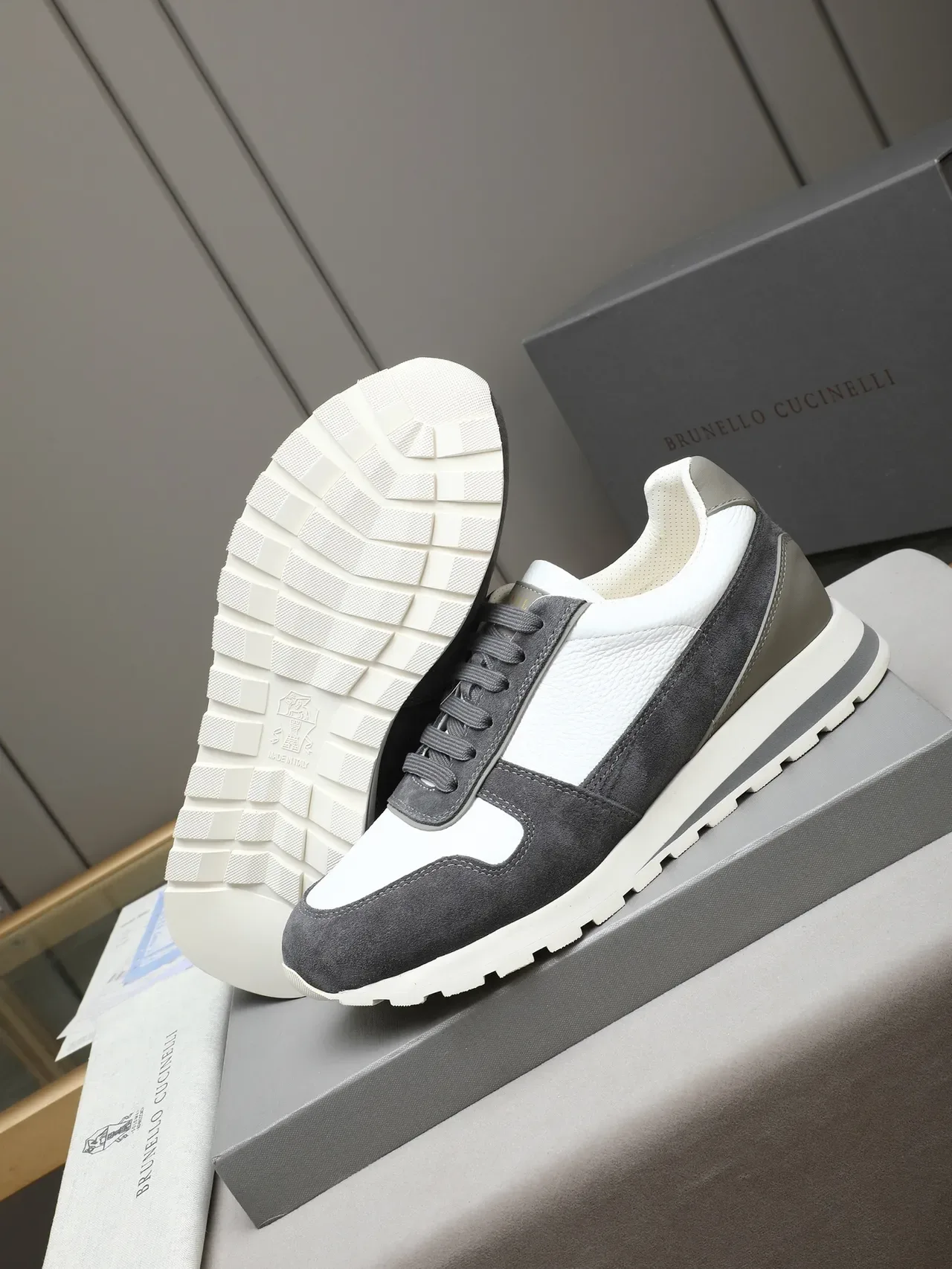 White and Gray Suede Leather Low-Top Lifestyle Sneaker 4