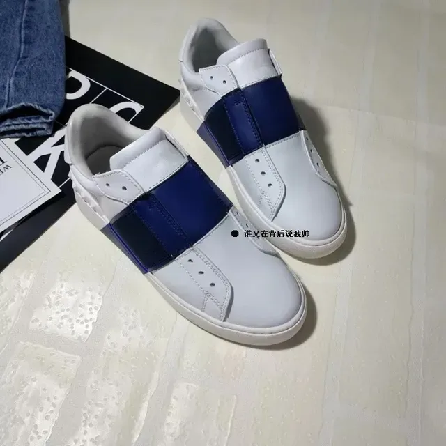 White and Navy Strap Slip-On Lifestyle Sneakers 4