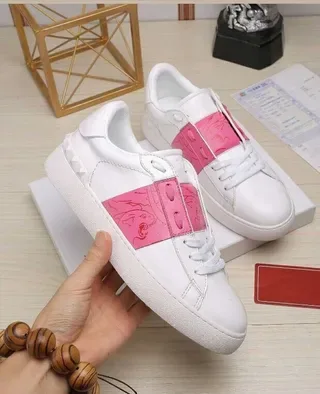 White and Pink Embossed Strap Low-Top Sneakers 5