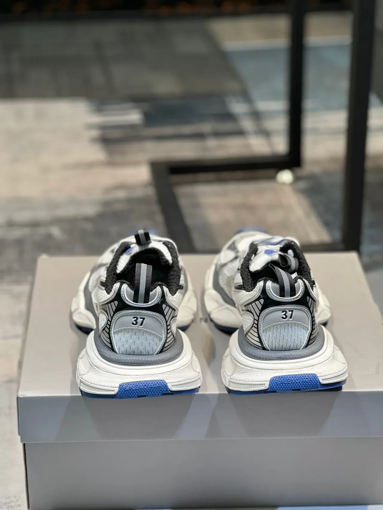 White Blue Chunky Sole Layered Synthetic Overlays Sneakers 2