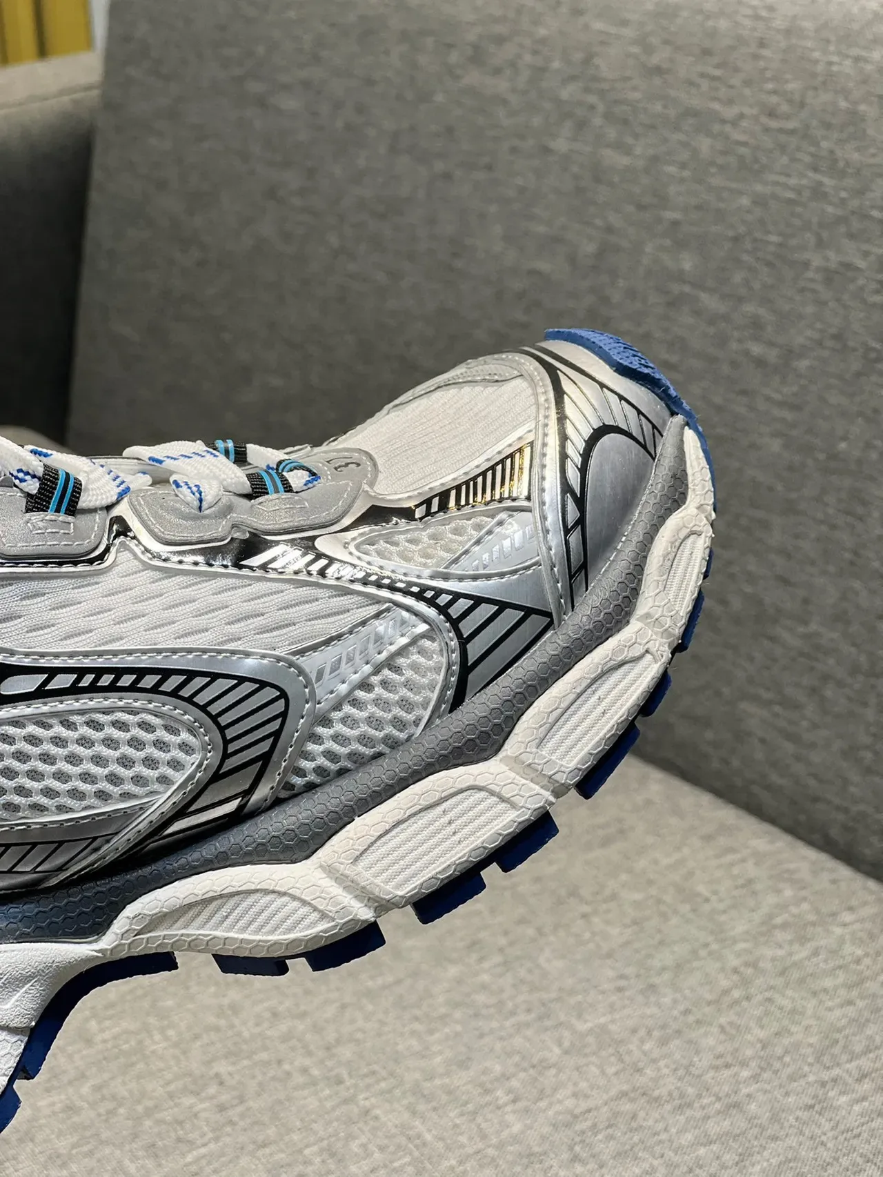 White Blue Chunky Sole Layered Synthetic Overlays Sneakers 3