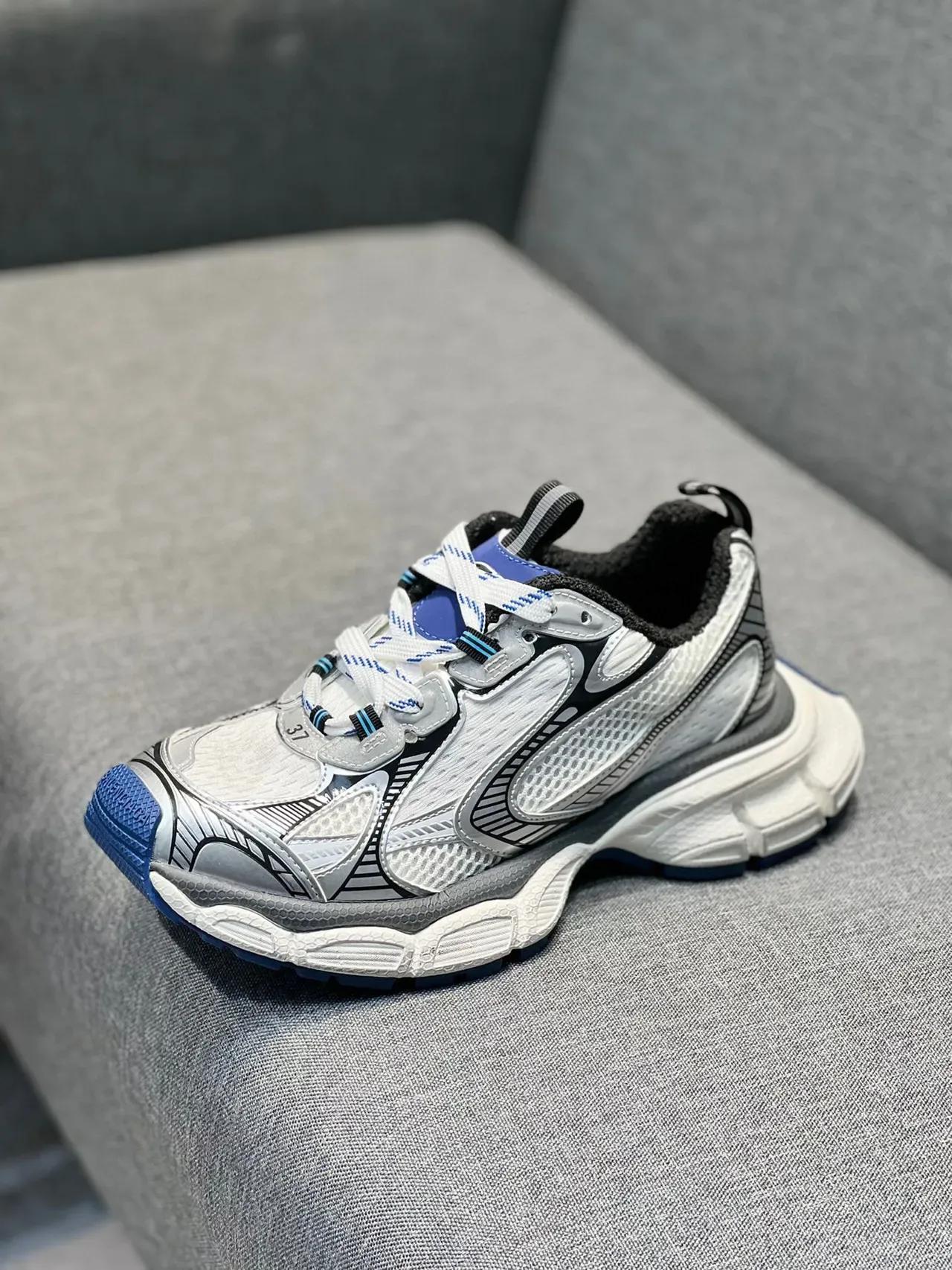 White Blue Chunky Sole Layered Synthetic Overlays Sneakers 4