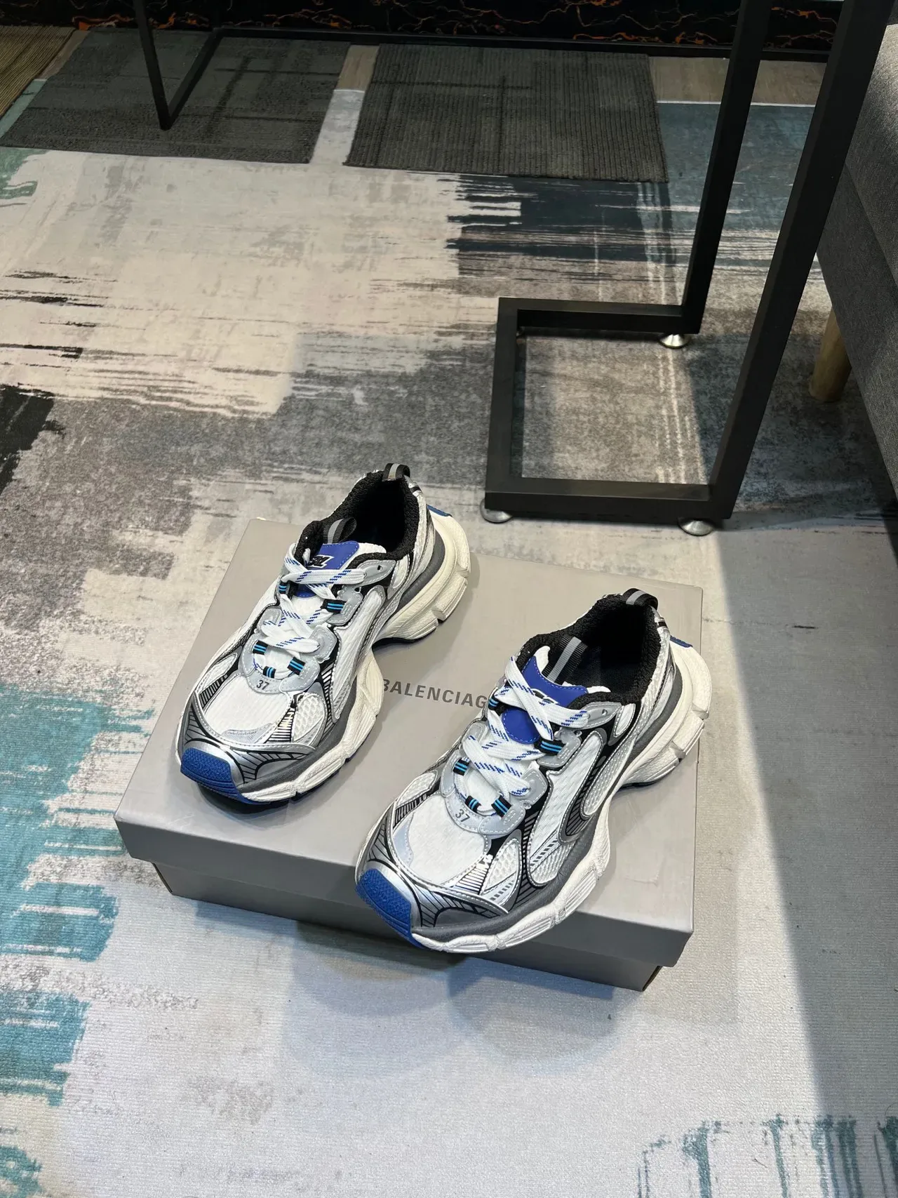 White Blue Chunky Sole Layered Synthetic Overlays Sneakers 5