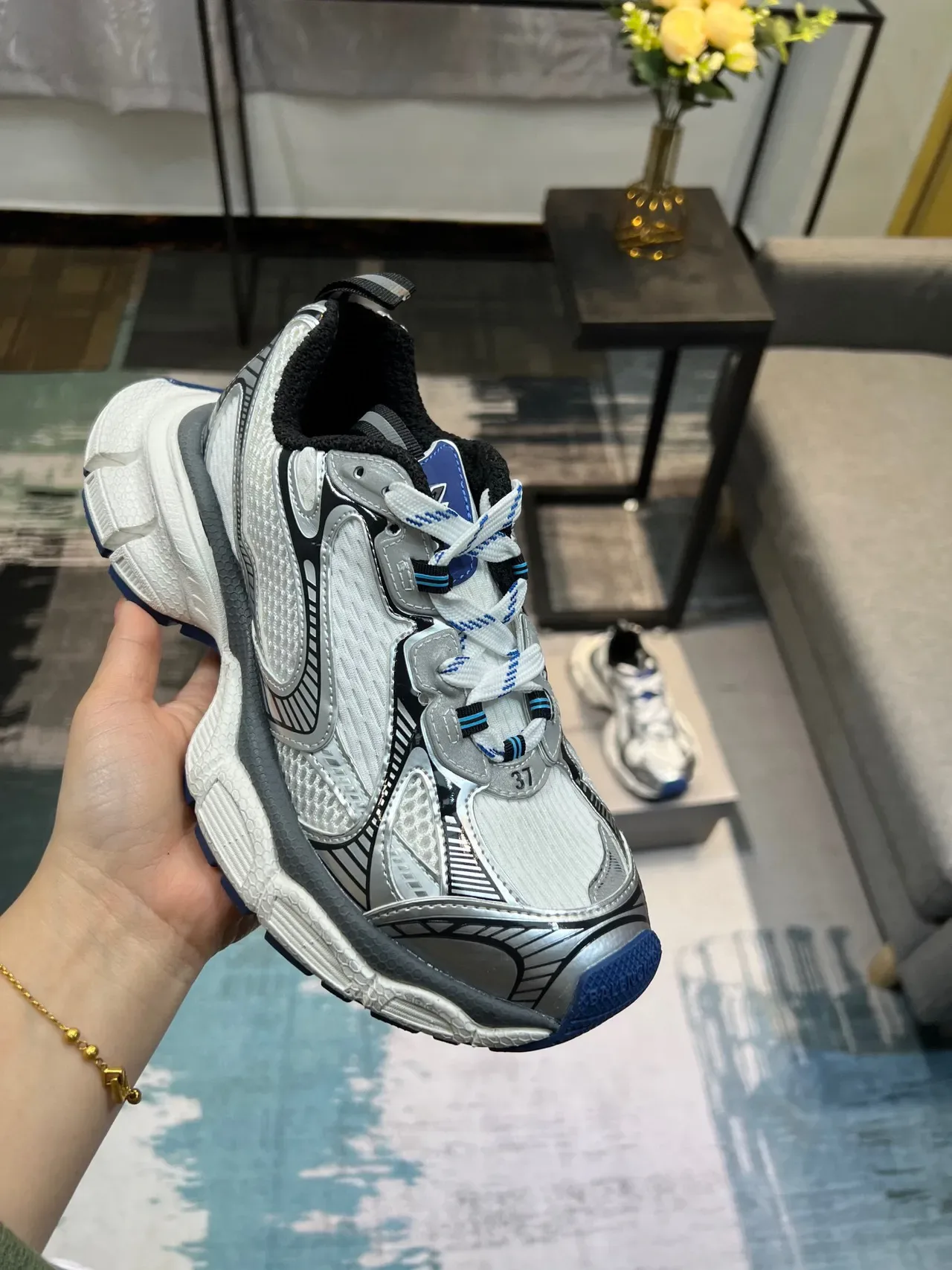 White Blue Chunky Sole Layered Synthetic Overlays Sneakers 6