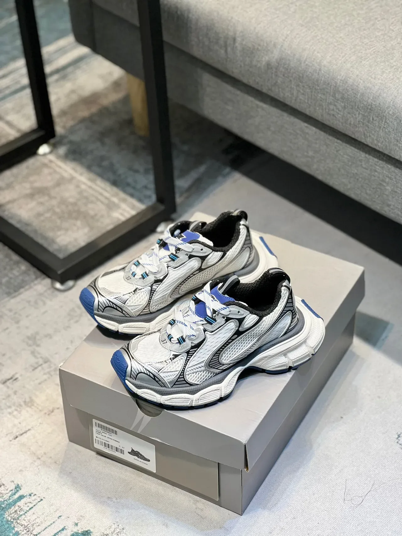 White Blue Chunky Sole Layered Synthetic Overlays Sneakers 7