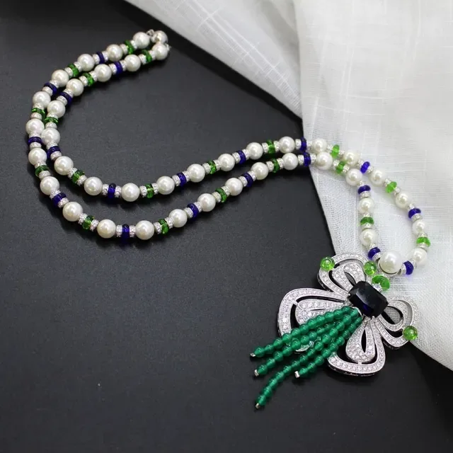 White Blue Floral-Inspired Pendant Pearl-and-Gemstone Strand Necklace 4