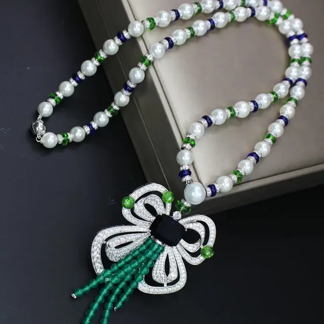 White Blue Floral-Inspired Pendant Pearl-and-Gemstone Strand Necklace 5