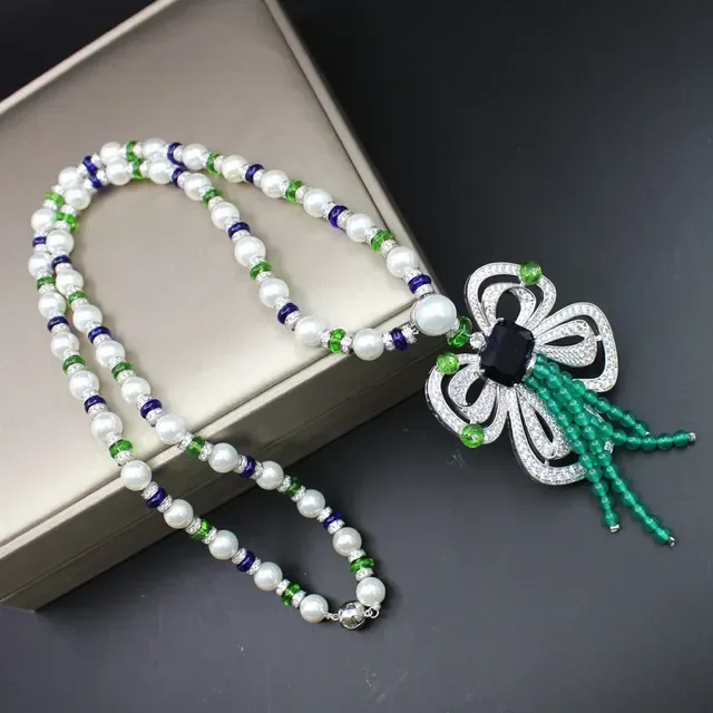 White Blue Floral-Inspired Pendant Pearl-and-Gemstone Strand Necklace 6
