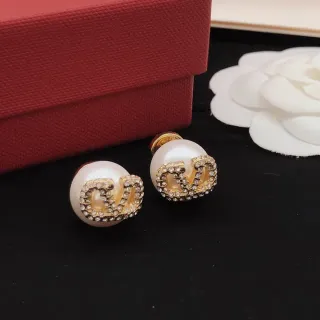 White Gold Pearl Stud Crystal-Encrusted Logo Motif Earrings