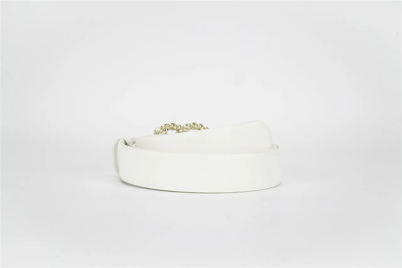 White Gold Smooth Chain-Link Buckle Leather Belt 3