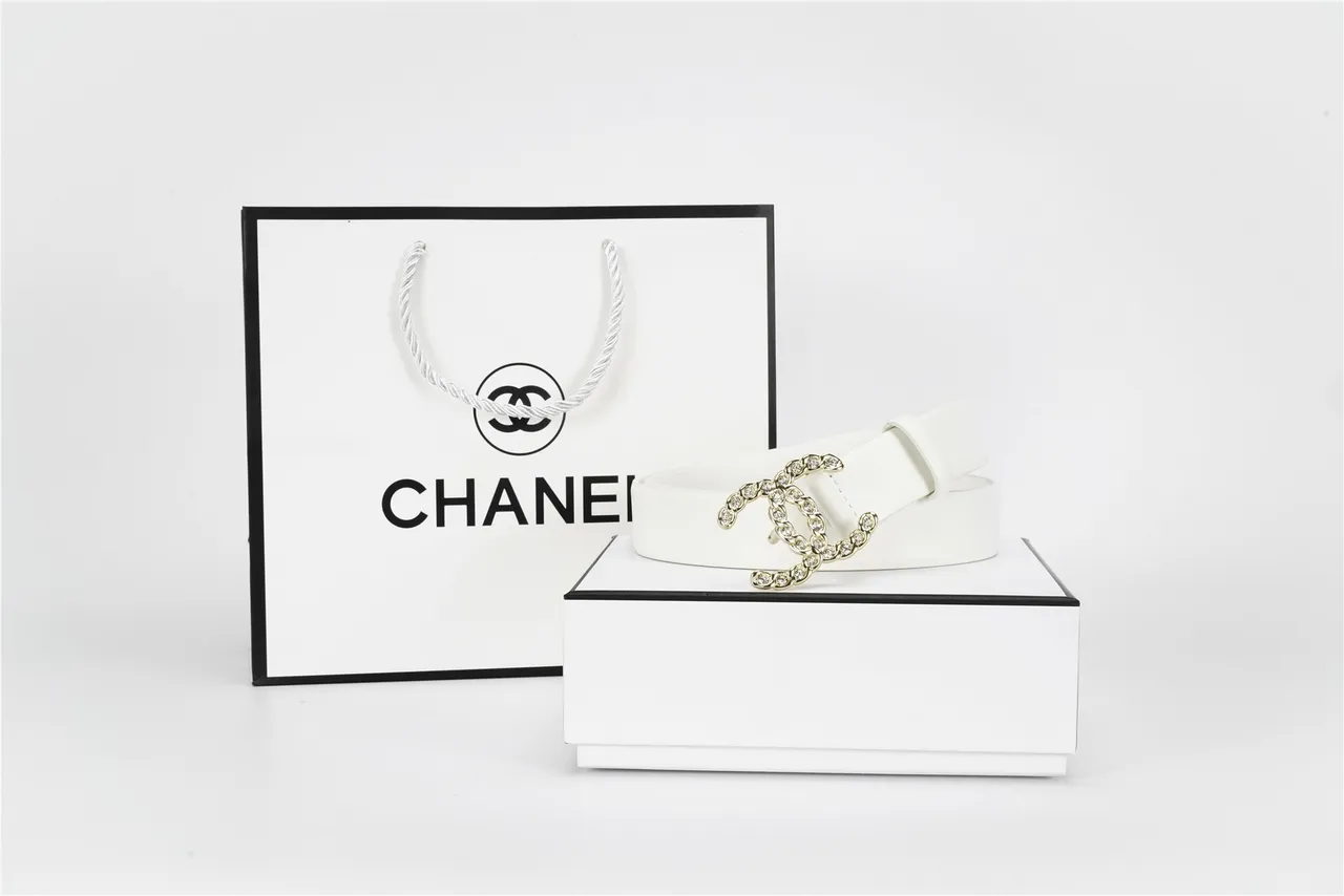 White Gold Smooth Chain-Link Buckle Leather Belt 5